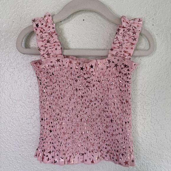Queen of Sparkles Top Girls Small Smocked Metallic Star Tank Light Pink Kids